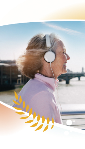 A woman with headphones walking