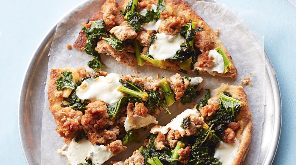garlic sausage kale naan pizza