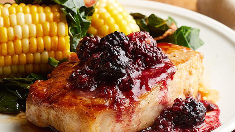 blackberry bbq pork chops with collards corn